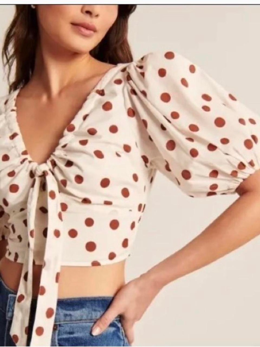 Abercrombie & Fitch White Crop Top with Rust Polka Dots and Tie Front